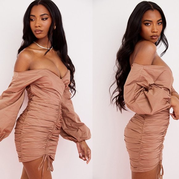 HOUSE OF CB 'Indra' Mocha Off The Shoulder Wrap Mini Dress NWOT - Picture 8 of 13